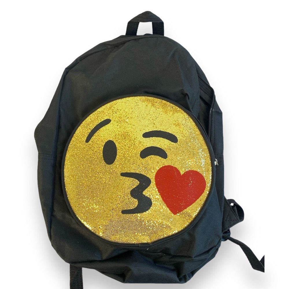 Kids Emoji Backpack Kiss‎ Face Sequin School Bag Black Gold Heart Cute B72Q